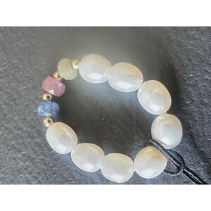 14K Solid Yellow Gold Sapphire Pearl Stretch Ring